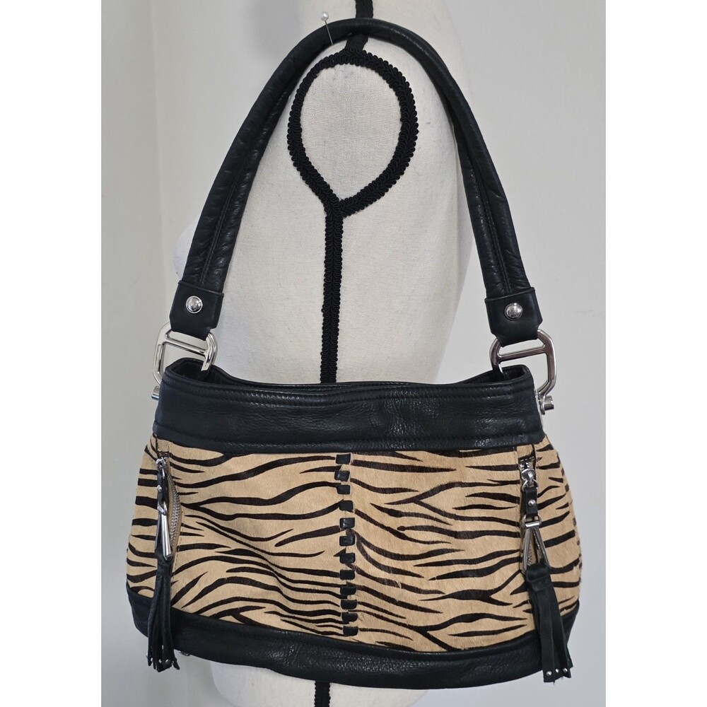 B. MAKOWSKY Hobo ShoulderBag AnimalPrint CalfHair LEATHER BlackFringed Purse EuC